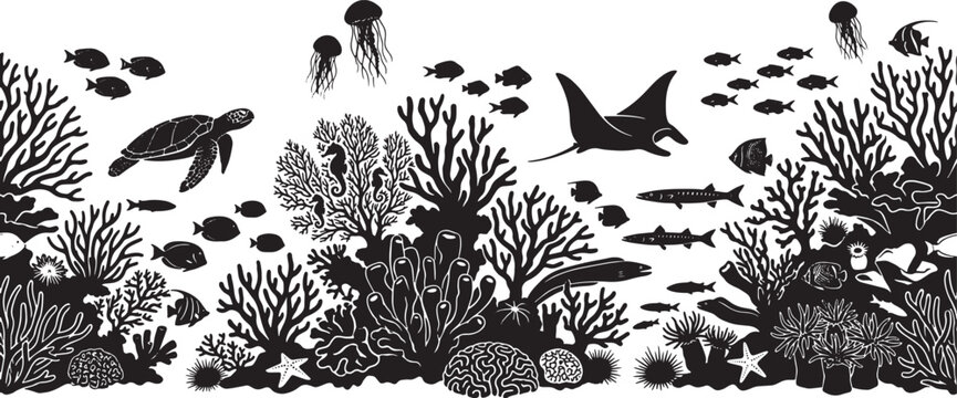Underwater coral reef scene with sea turtle manta ray and various tropical fish in a black silhouette vector illustration