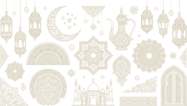 Islamic Ramadan Kareem decoration set with golden lanterns crescent moon mosque ornaments vector illustration isolated on white background
