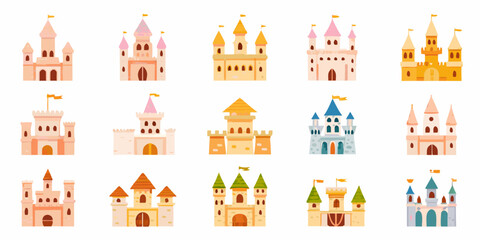Colorful cartoon castle illustrations arranged on a white background © Suvro