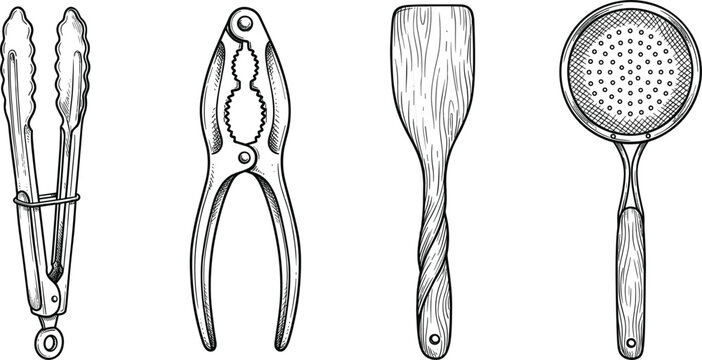 hand drawn kitchen utensils set tongs nutcracker wooden spatula strainer vintage engraving vector illustration collection element