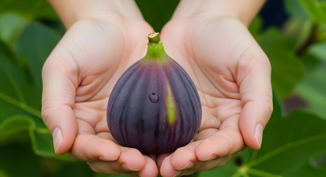 Hands holding a ripe purple fig fruit with green leaves in the background.