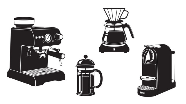 Collection of modern coffee makers and accessories for home brewing.