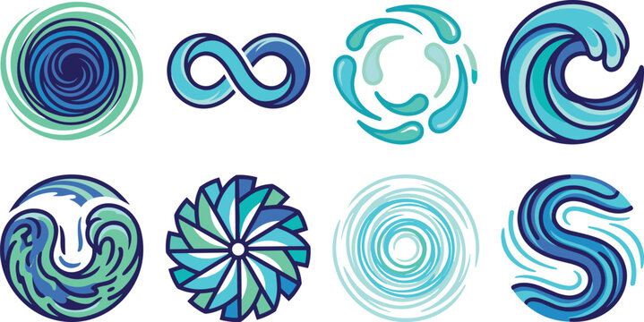 Abstract Water Swirl Logo Collection Vector Set with Circular Wave Symbols, Fluid Motion Emblems, Ocean Currents, and Modern Aquatic Branding Designs