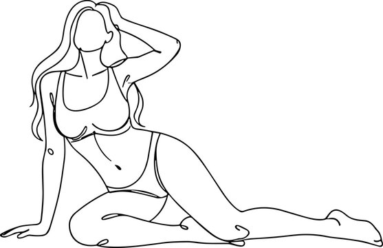 Elegant Woman in Bikini Line Art, Minimalist Beach Pose, Summer Fashion