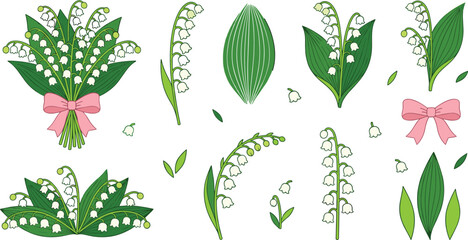 Naklejka premium Lily of the Valley Flower Bouquet Vector Icon Set with Elegant White Spring Blossoms Green Leaves and Pink Ribbon Bow Design Elements