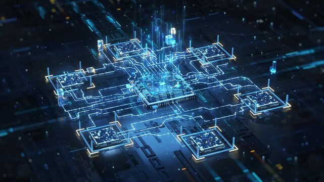 Technology storage computing chip cluster, A central microchip connects to six surrounding processing units via glowing blue data pathways, forming a complex, interconnected digital circuit network.