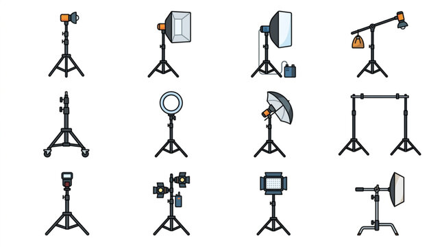 Collection of professional photography lighting equipment on stands.