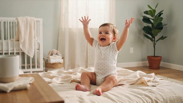 An adorable baby sitting on a bed with arms raised in joy, laughing happily in a bright nursery with a crib and a plant in the background.