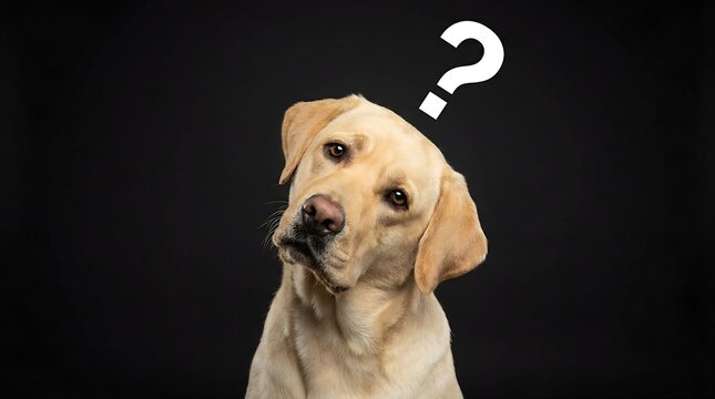 Curious labrador dog looking confused with a question mark above its head on a black background.