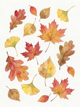 Colorful autumn leaves collection with various shapes and fall season foliage on a light background.