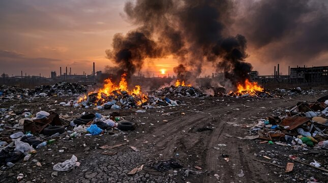 Burning garbage at a landfill creating toxic smoke pollution. Environmental disaster concept.