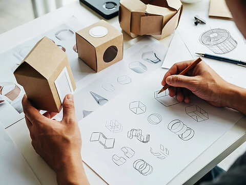 Top-down view of a professional designer sketching packaging prototypes and cardboard models on a white desk for product development