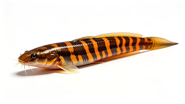 A detailed close up studio shot of a striped kuhli loach fish.