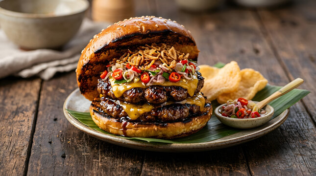 A double cheeseburger topped with Indonesian sambal matah, crispy shallots, and served with prawn crackers.