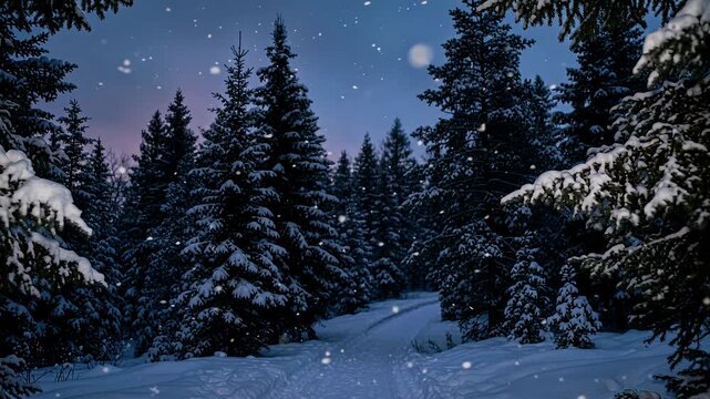 winter forest snowfall at night with starry sky and snow-covered pines