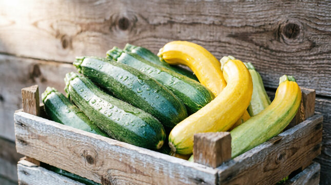 Rustic crate filled with fresh zucchinis and squashes highlights natural farm produce and healthy living.