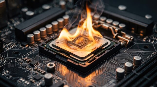 Burning CPU on Motherboard: Computer Hardware Failure and Overheating Crisis