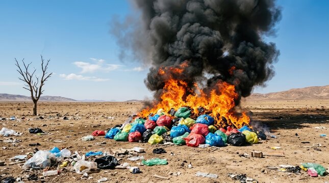 Garbage fire burning in the desert, symbolizing environmental pollution and climate change.