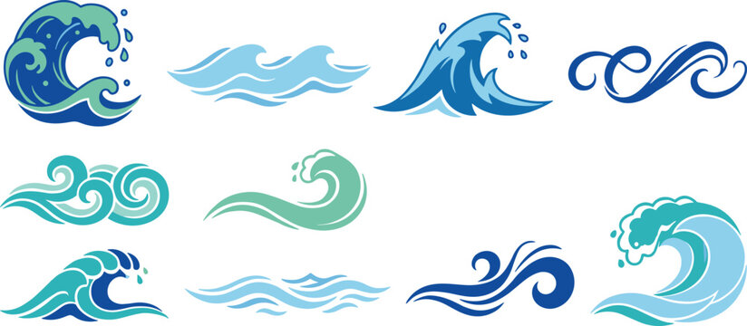 Ocean Wave Collection Vector Set with Blue Sea Surf, Water Swirls, Marine Splash, Coastal Tide, and Nautical Decorative Elements