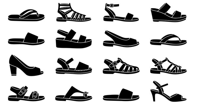 Women's Summer Sandals Black Silhouette Icon Collection with Open Toe Footwear Vector Set for Fashion and Shoe Design