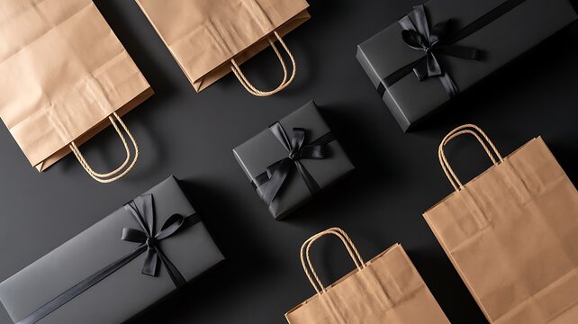 Black friday shopping bags and gift boxes on a dark background