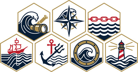 Nautical Maritime Badge Collection Vector Set with Compass Rose, Ocean Waves, Lighthouse, Sailing Ship, Anchor, and Coastal Navigation Emblems © MstSuborna