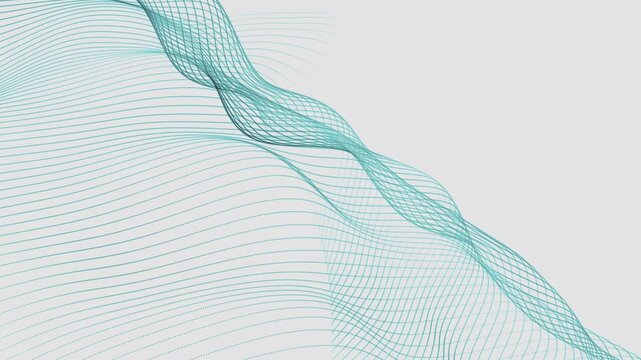 Minimalist abstract animation of a flowing teal wireframe grid forming smooth waves on a light background. Excellent for modern technology, data, and business themes