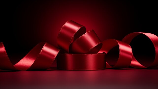 Elegant shiny red silk ribbon curled on a dark luxury background