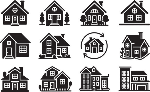 Various stylized house icons in black and white vector design isolated
