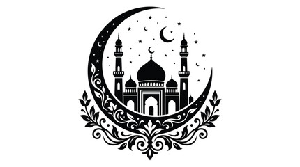 Mosque Silhouette With Crescent Moon And Stars On White Background © md