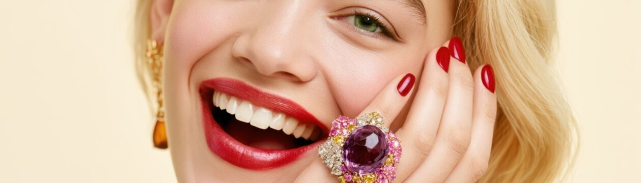 Close up portrait of smiling blonde woman wearing luxurious gemstone ring