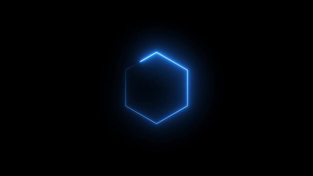 Glowing blue neon hexagon frame rotating animation on black background, light