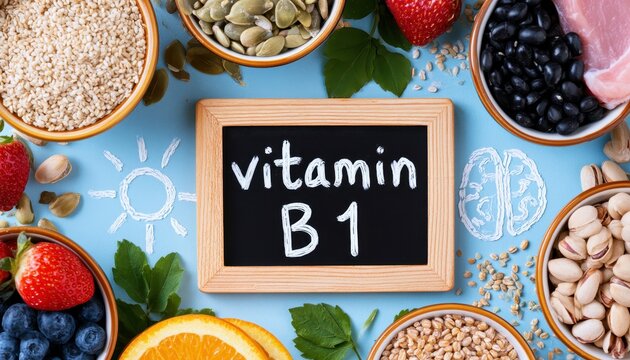 Chalkboard with vitamin b1 text surrounded by bowls of healthy foods and fruits