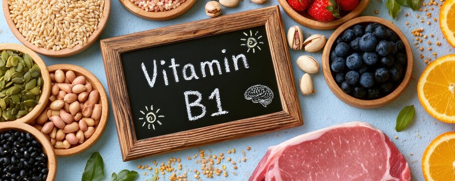 Chalkboard with text vitamin B1 surrounded by healthy food sources rich in nutrients