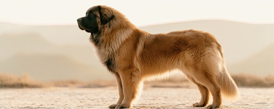 Majestic Leonberger dog standing proudly outdoors during golden hour sunlight