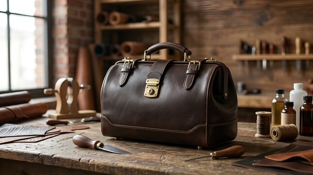 Brown leather doctor bag sitting on a wooden workbench in a craft studio