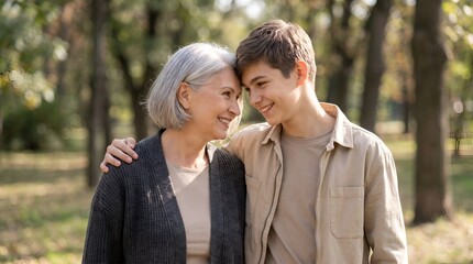 Fototapeta premium Happy senior woman and teenage grandson smiling in a sunny autumn park.