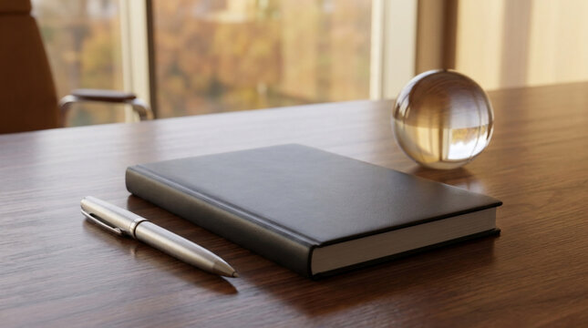 Black leather notebook silver pen and crystal sphere paperweight on dark walnut executive desk