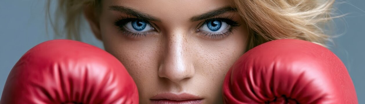 Close up portrait of  fierce blonde woman wearing red boxing gloves looking into camera