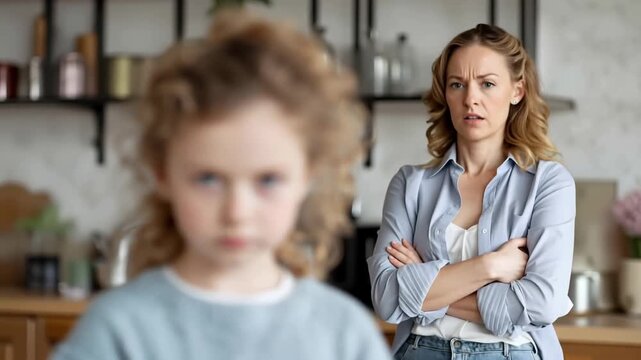 Stubborn little girl having a conflict with her anxious mother who is standing in the background
