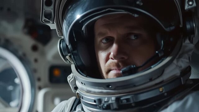 Focused astronaut wearing a spacesuit and helmet inside a space shuttle during a mission