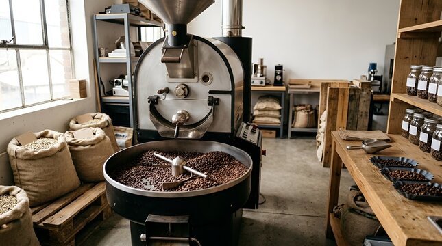 Industrial coffee roasting machine cooling freshly roasted coffee beans