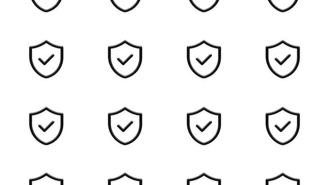 Seamless looping animation of moving shield with check mark icon pattern on white background.