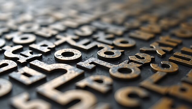 Close-up of vintage metal letterpress type characters arranged in rows.