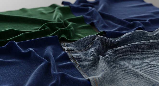 folded denim and velvet fabrics in shades of blue and green close up
