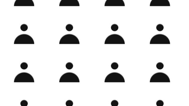 Grid of moving profile icons with plus sign symbols scrolling vertically on white background.
