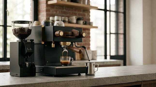 Modern espresso machine brewing fresh coffee in a stylish home kitchen