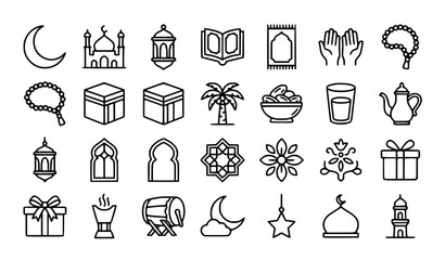 Minimal Ramadan Islamic Outline Icon Pack Black and White Religious Vector Elements © MDSALIM