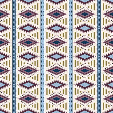 Ethnic tribal seamless pattern vector with geometric diamond ornament for fashion textile print, traditional fabric weave, and modern wallpaper backdrop