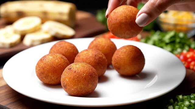Hand Picking Up a Fried Plantain Mosa Fritter Ball from a Plate